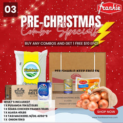 PRE - CHRISTMAS COMBO #3 - Rice 40lbs + Chicken Leg Quarter 15kg/33lbs + Pauls Pure Milk 1ltr*12 + Tasi Mackerel N/Oil 425g*8 + GP Brazilian Chicken Franks 340g*24 + Onion 10kg - Free $10 EPC Cash Power