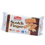 Packaging of Punjas Scotch Finger biscuits showing the product name and biscuits with a plaid pattern in the background.