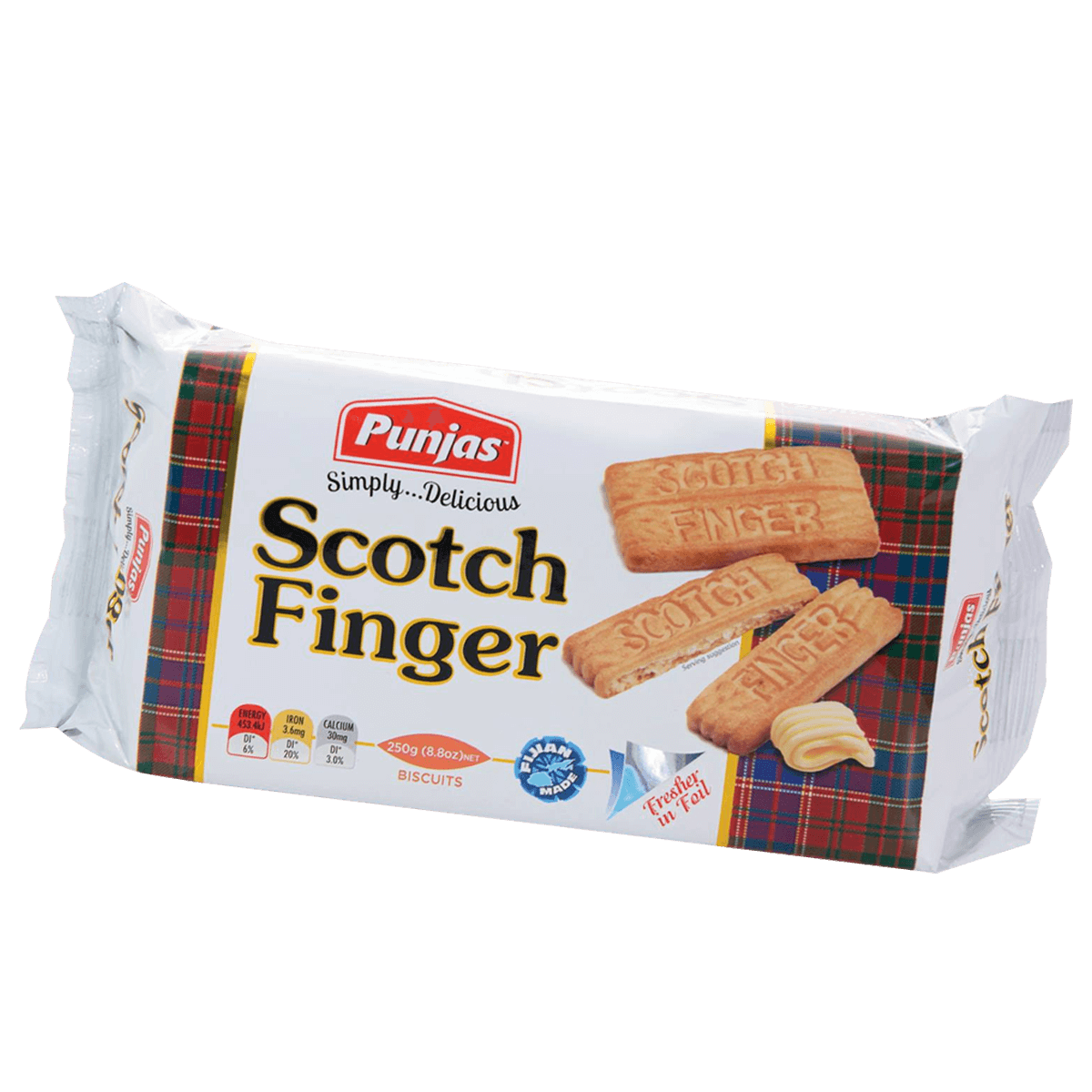 Packaging of Punjas Scotch Finger biscuits showing the product name and biscuits with a plaid pattern in the background.