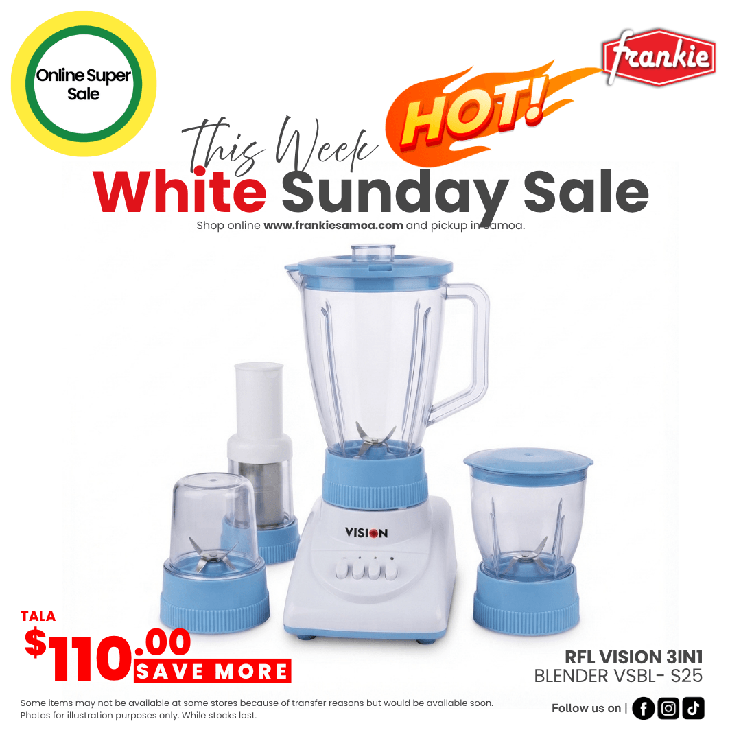 RFL Vision 3-in-1 blender in white and light blue, shown with two small blending cups and a whisk attachment on a white promotional background with sale text and the Frankie logo.