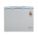 White freezer with Samax branding and energy rating label on a white background