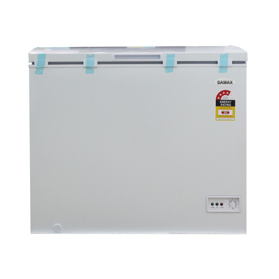 White freezer with Samax branding and energy rating label on a white background