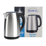 Samax electric kettle, stainless steel, 1.8L capacity, with product packaging displaying the image and brand name.
