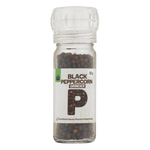 A clear plastic pepper grinder labeled 'Black Peppercorn' with a weight indication of 50g on the label.