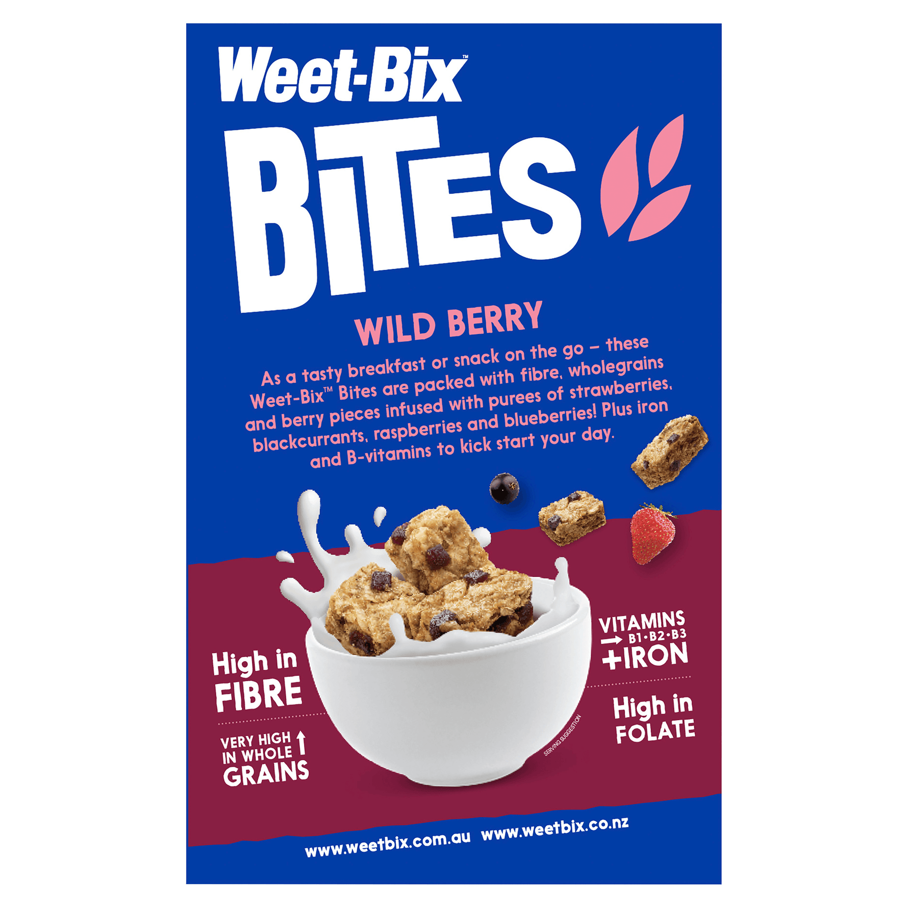 Weet-Bix Bites Wild Berry packaging with a bowl of cereal and berries on a blue and red background.