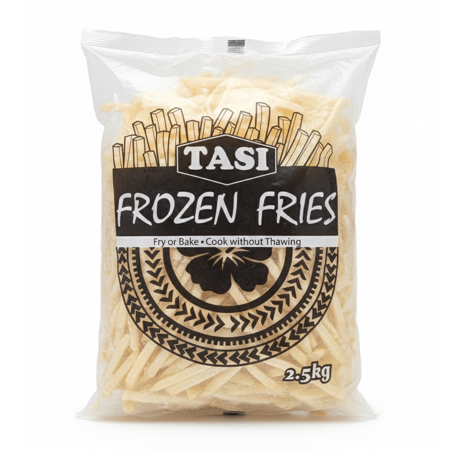Bag of TASI Frozen Fries on a white background