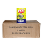 Tasi canned mackerel in oil packaging on a cardboard box with product details.