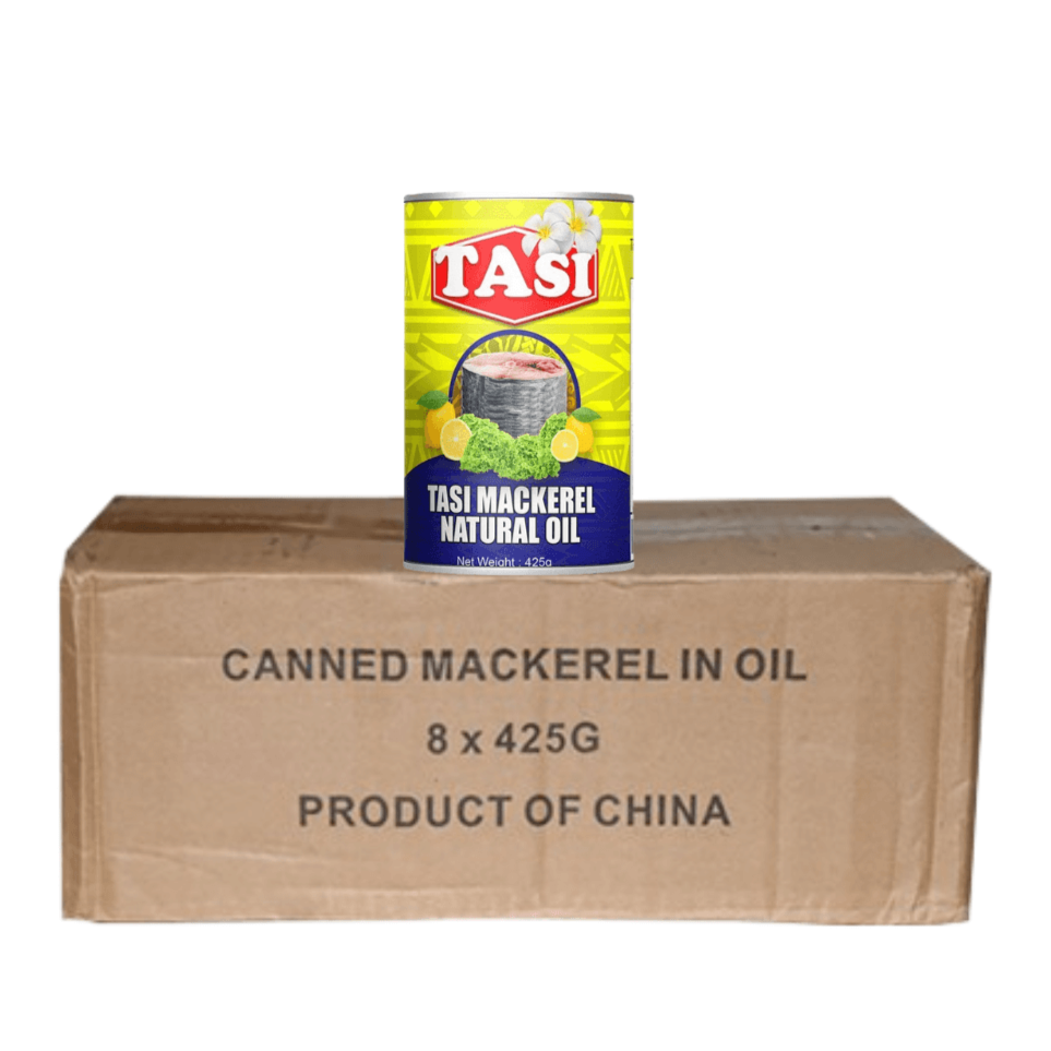 Tasi canned mackerel in oil packaging on a cardboard box with product details.