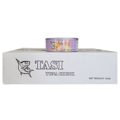 TASI tuna chunk can and packaging on a white background