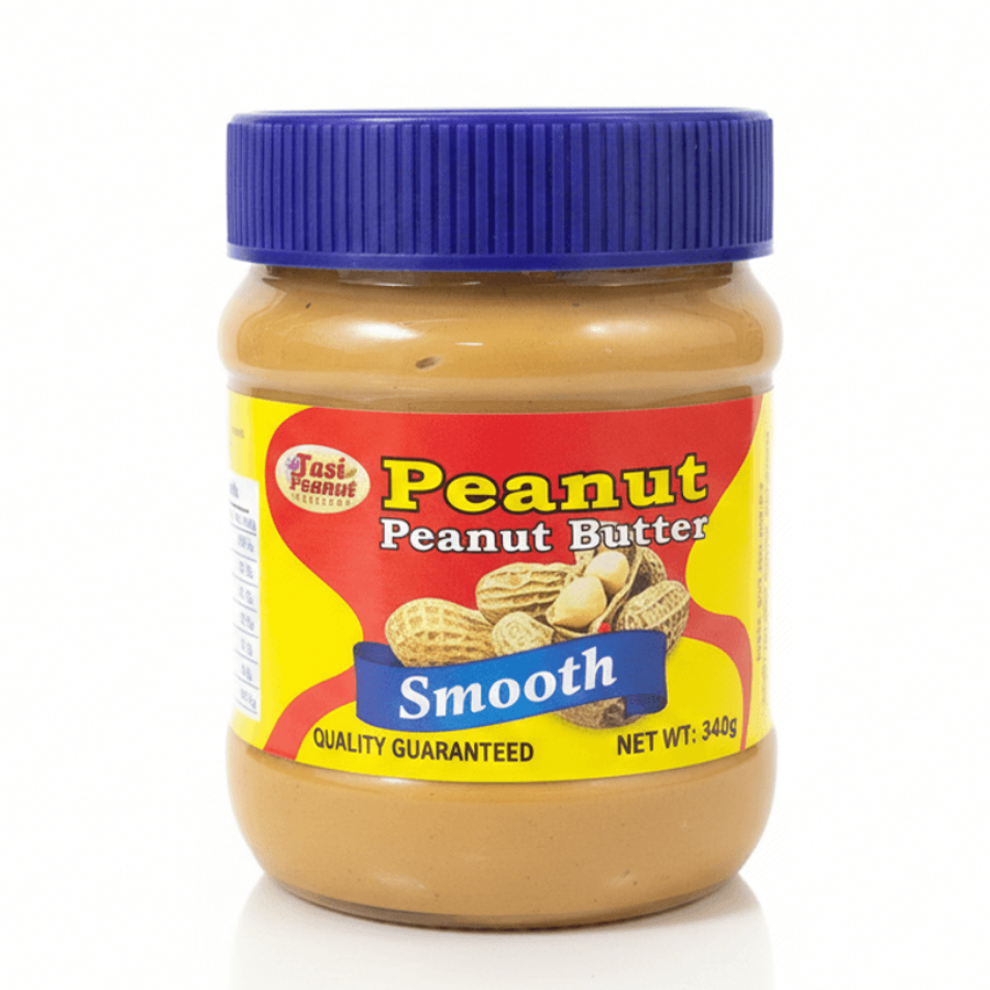 Jar of Jif Peanut Butter with blue lid on a white background