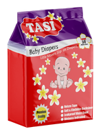 Packaging of Tasi Baby Diapers featuring a graphic of a baby and flowers, with product features listed and the size 3 logo.