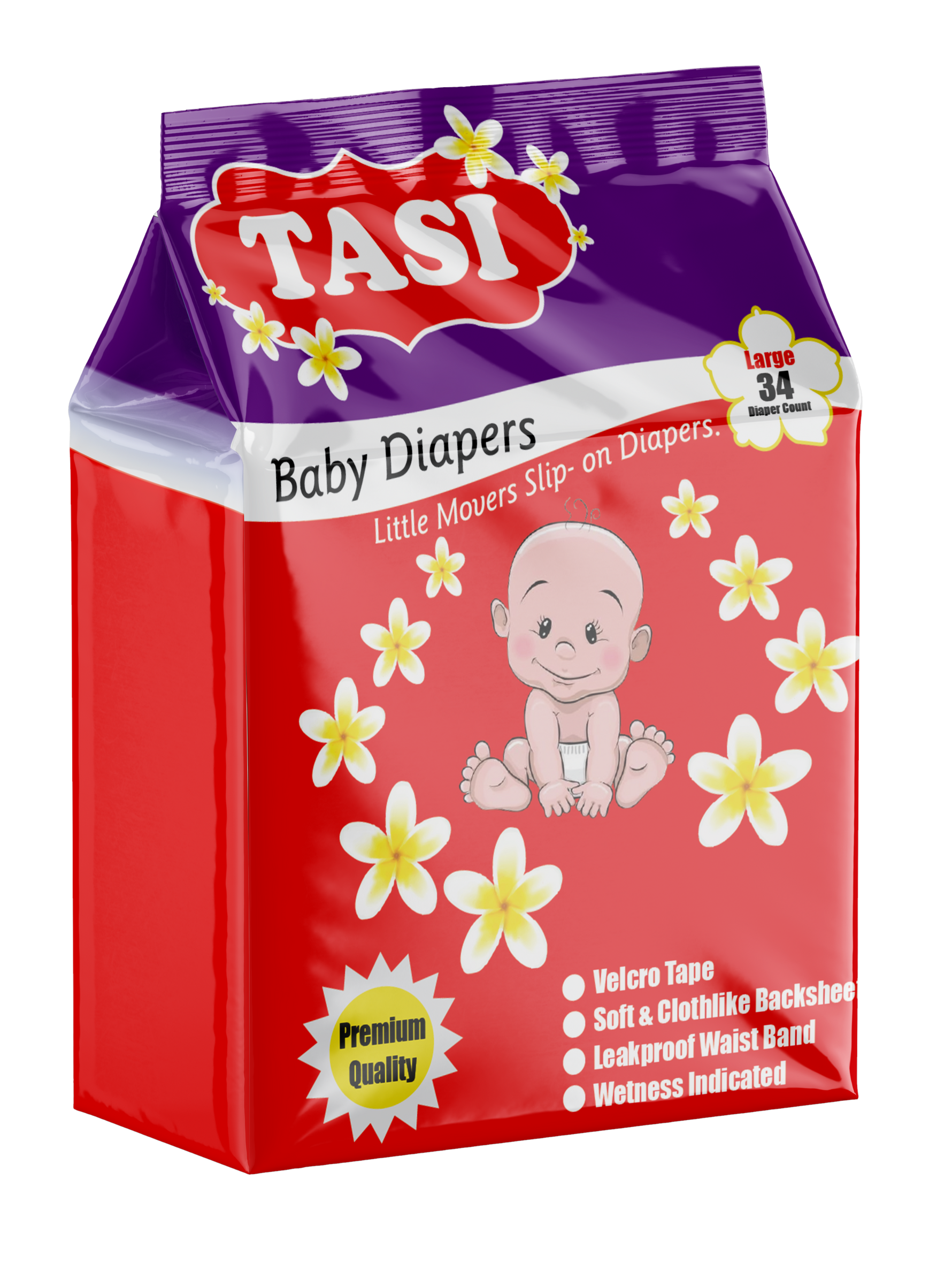 Packaging of Tasi Baby Diapers featuring a graphic of a baby and flowers, with product features listed and the size 3 logo.