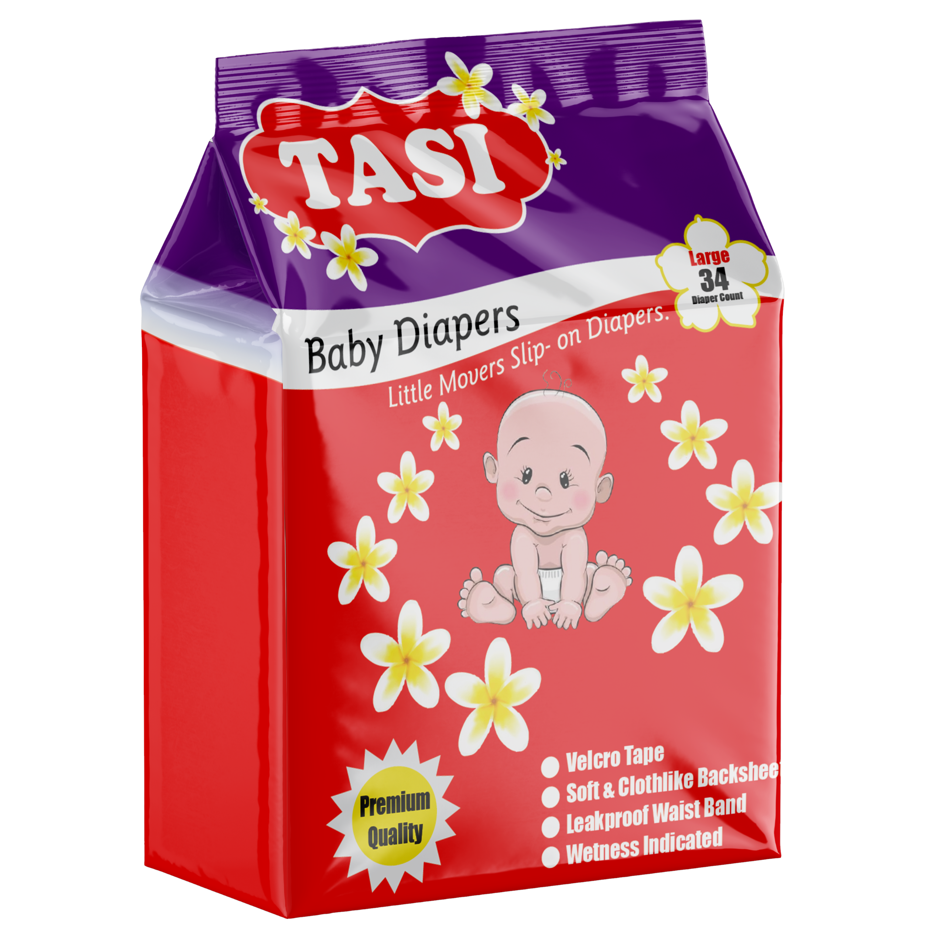 Packaging of Tasi Baby Diapers featuring a graphic of a baby and flowers, with product features listed and the size 3 logo.