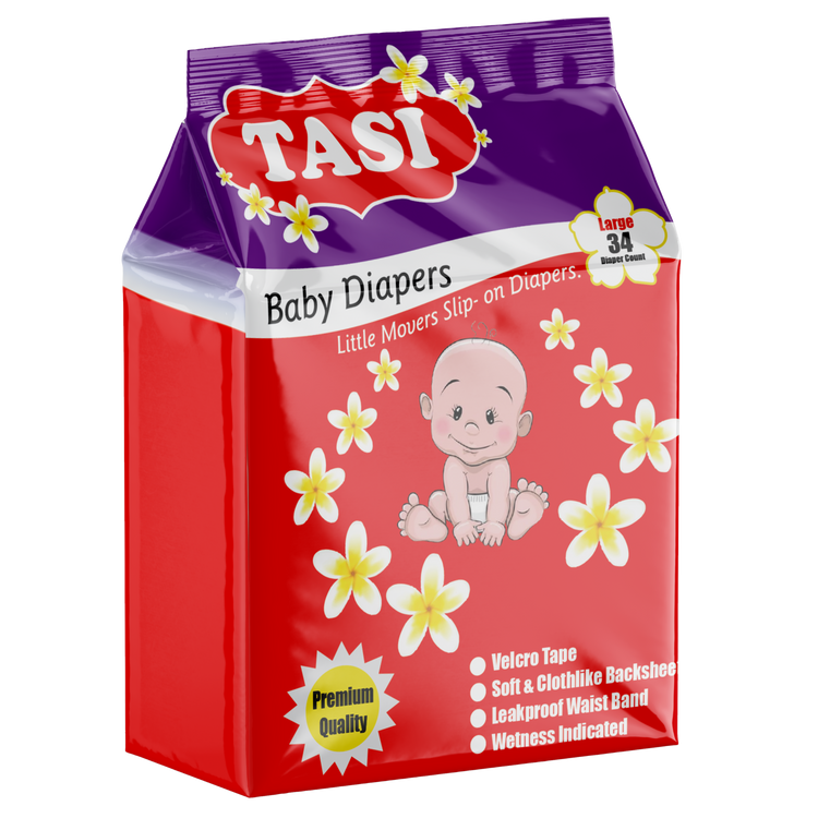 Packaging of Tasi Baby Diapers featuring a graphic of a baby and flowers, with product features listed and the size 3 logo.