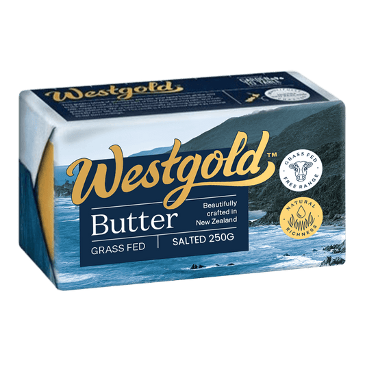 Westgold butter packaging with scenic design on a black background