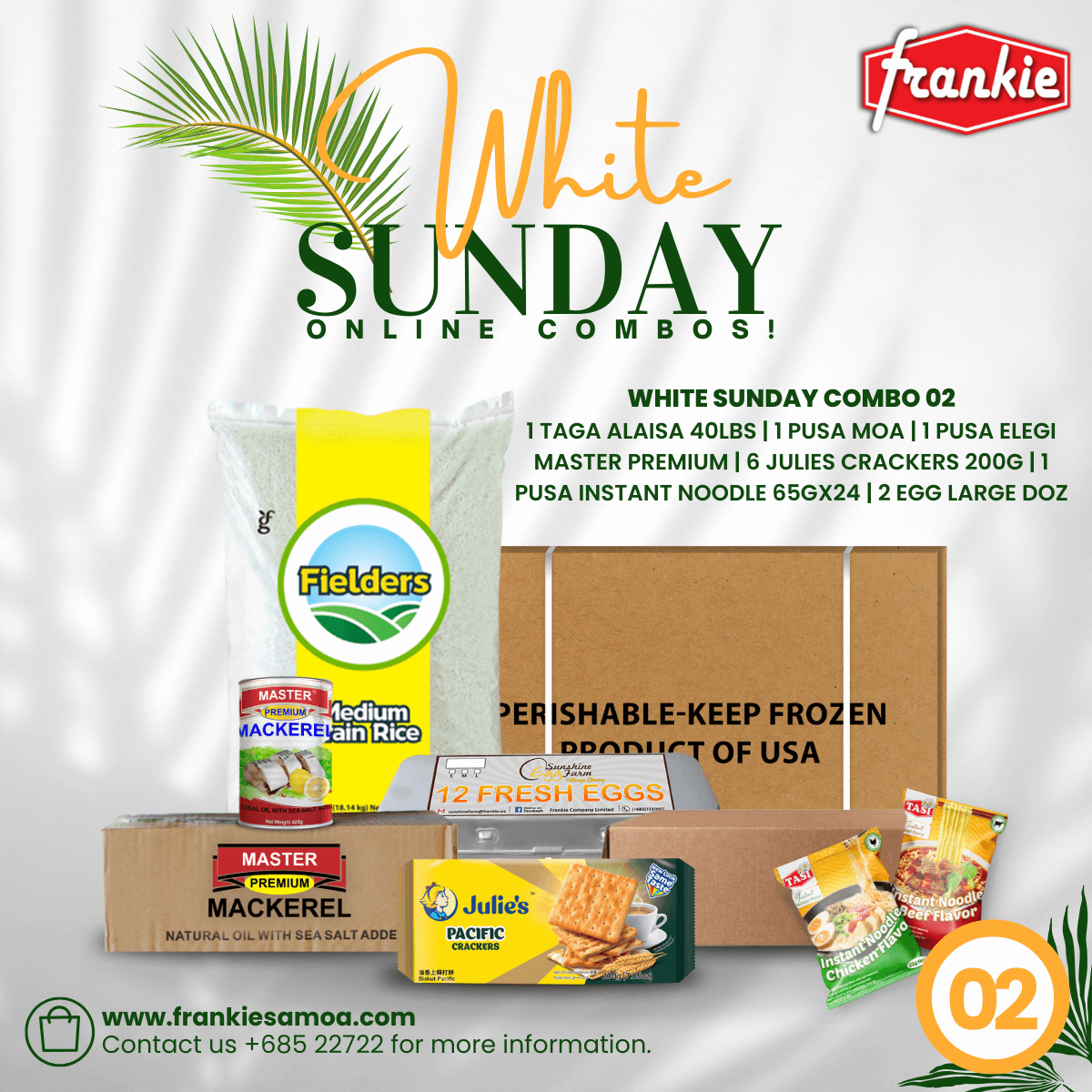 White Sunday Combo 02 - 1 Rice 40lbs + 1 Chicken Leg Quarter 15kg + 1 LLL Instant Noodle 65g(24) + 1  Master Prem Mackerel 425g(8) + 6 Julies P/Crackers 200g + 2 Large Egg Dozens