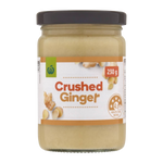 A jar of WW Crushed Ginger, 230g size, with visible pieces of ginger inside the jar.