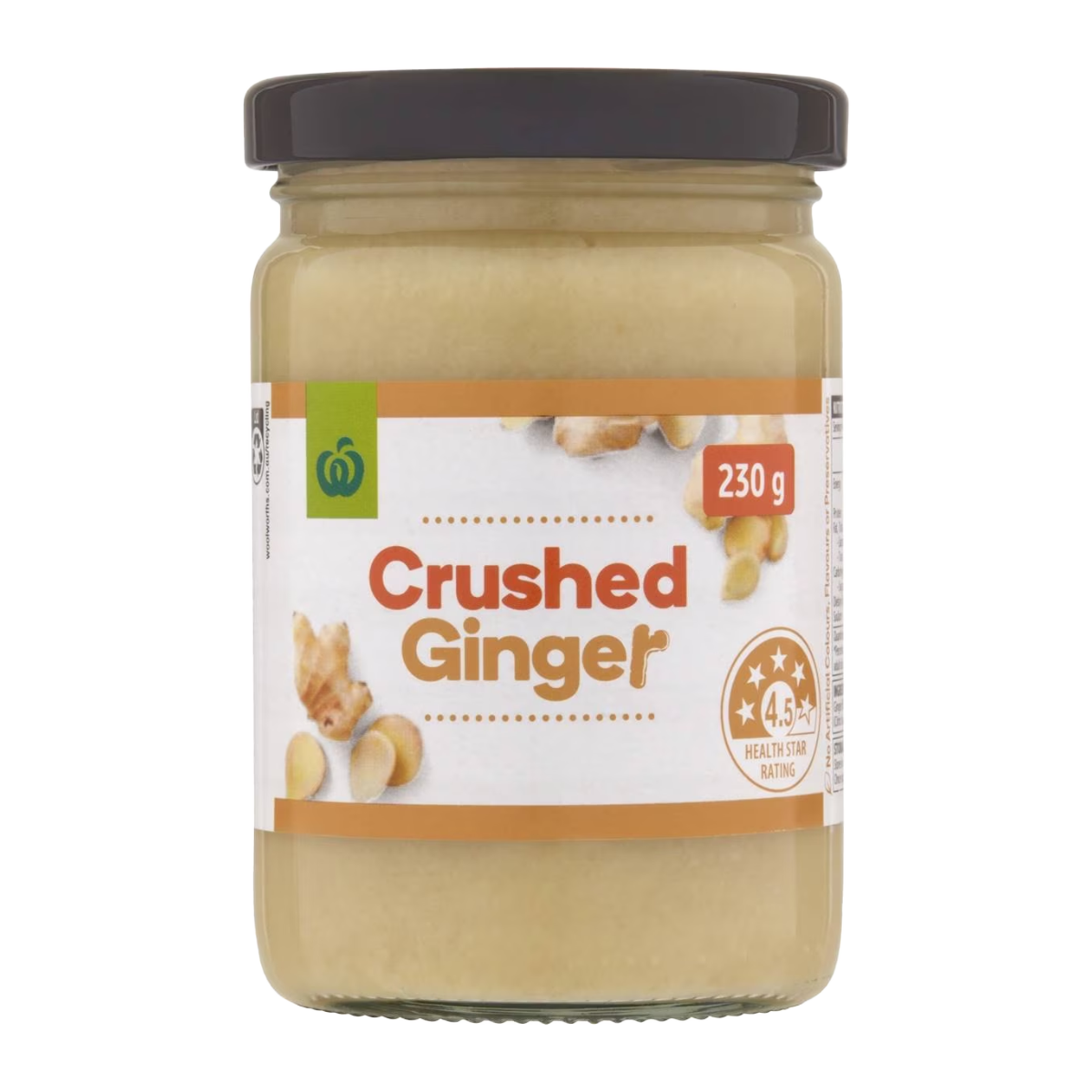 A jar of WW Crushed Ginger, 230g size, with visible pieces of ginger inside the jar.