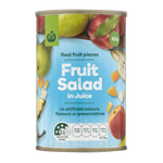 A can of WW Fruit Salad in Juice showing various fruit pieces such as apple and pineapple, along with the label detailing product information.