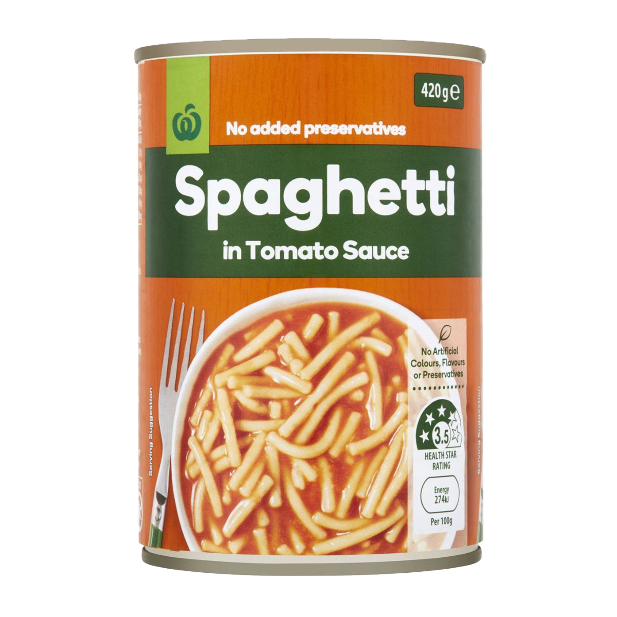 A can of spaghetti in tomato sauce with the label showing an image of spaghetti with sauce and text indicating no added preservatives, and the weight of 420g.