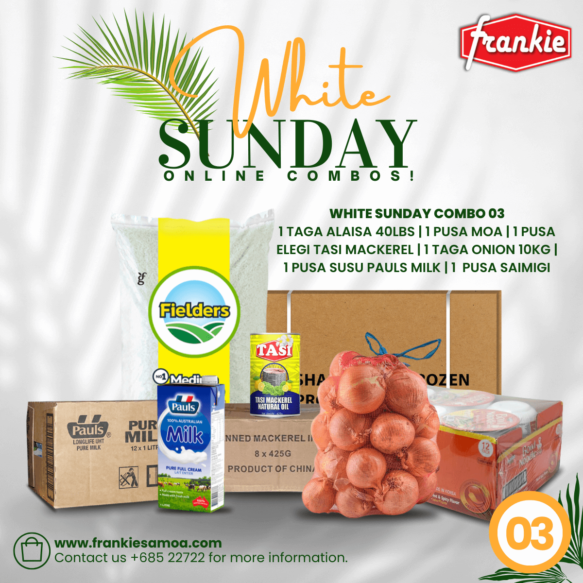 Promotional image for White Sunday Online Combos featuring various food items and packaging.