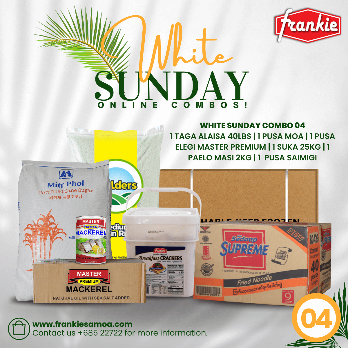 Promotional image for Frankie Samoa's White Sunday Online Combos with various food products and packaging.