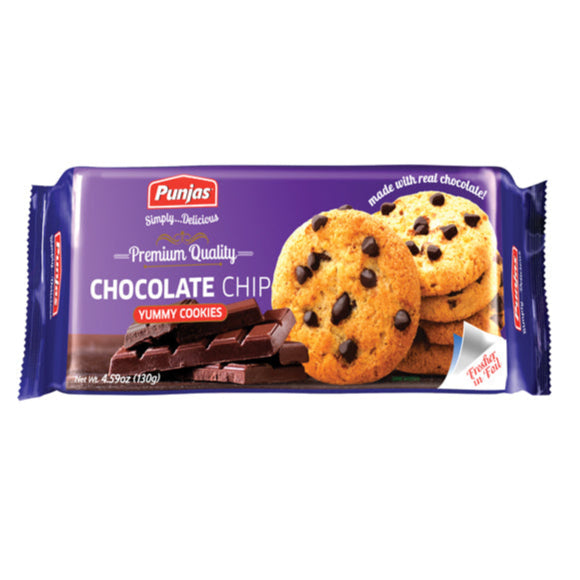 A packaged product of Punjas Chocolate Chip Cookies displaying the cookies with chocolate chips and the brand's name.