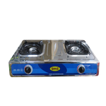 A silver Samax Gas Cooker Double GS2000 with two burners, visible knobs, and a blue brand panel.