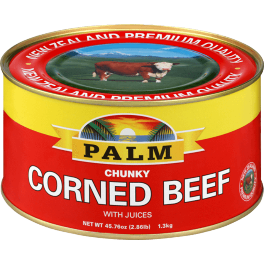 Can of Palm Chunky Corned Beef with a red and yellow label on a black background