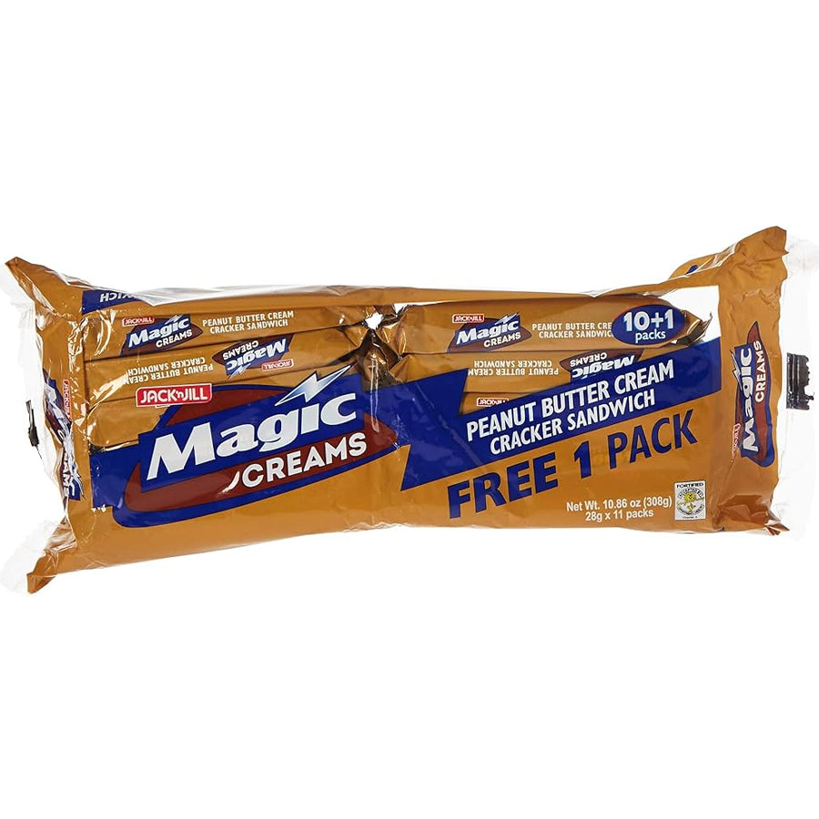 Packaging of Magic Cream Asstd Flavour 280g with vanilla, peanut butter, and chocolate flavors advertised, and a claim of 'FREE 1 PACK' offered.