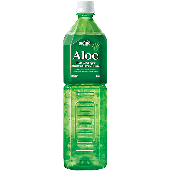 A green plastic bottle labeled 'Aloe' containing aloe vera juice.