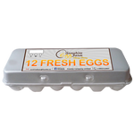 A dozen X-large eggs in a gray egg carton with the brand name 'Sunshine Eggs' printed on the lid.