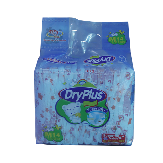 A pack of Dryplus Diapers in Medium size, featuring a baby-themed design with stars and the brand logo.