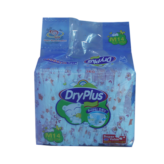A pack of Dryplus Diapers in Medium size, featuring a baby-themed design with stars and the brand logo.