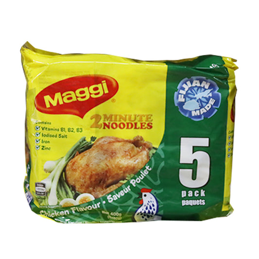 Packaging of Maggi Chicken Noodle 80g x 5pcs showing the brand logo, product name, and an image of the noodles with chicken and vegetables.