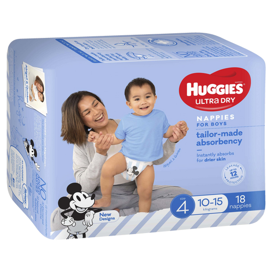 Huggies Ultra Dry Toddler Boy Size 4 (10-15kg), 18 Pack