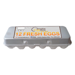 A dozen large eggs in a gray carton with the brand Sunshine Eggs displayed on the lid.