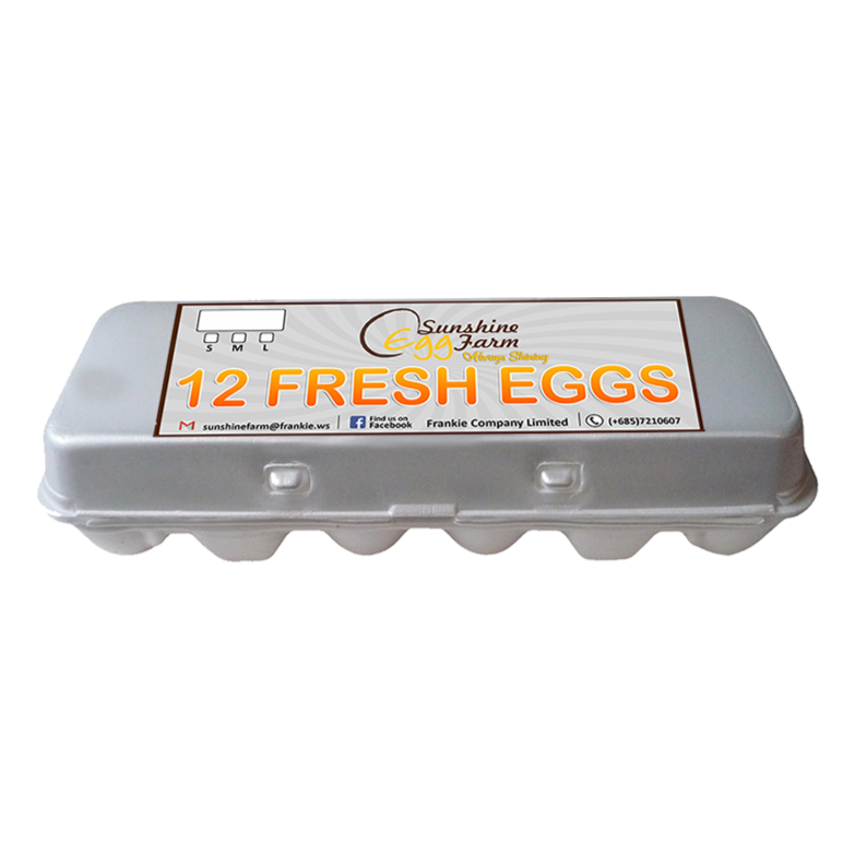 A dozen large eggs in a gray carton with the brand Sunshine Eggs displayed on the lid.