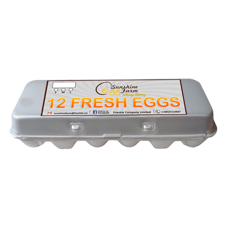 A dozen large eggs in a gray carton with the brand Sunshine Eggs displayed on the lid.